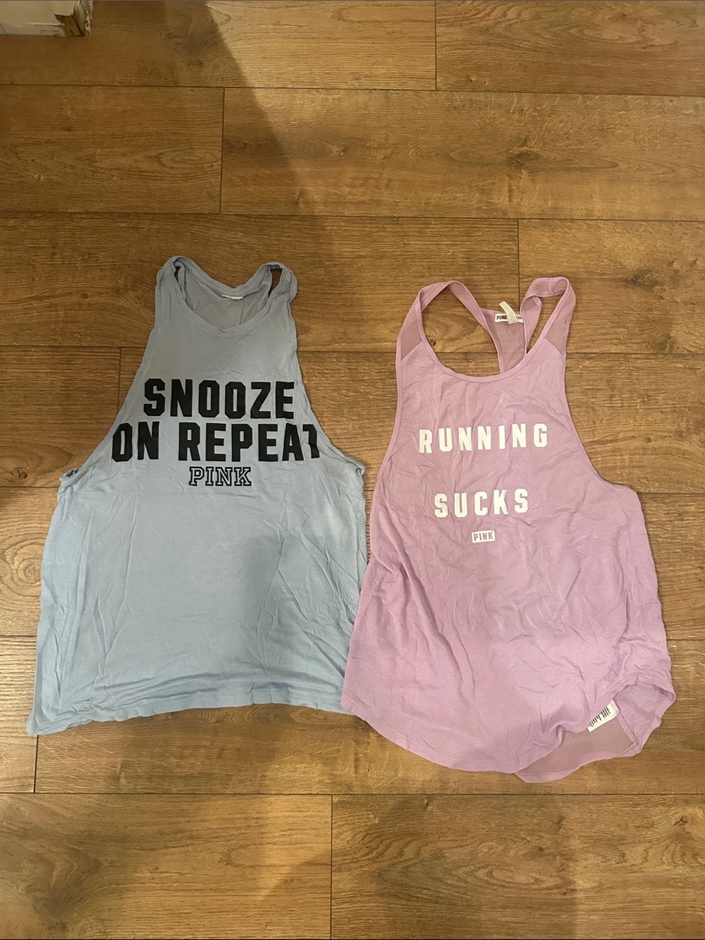 PINK Graphic Tank Tops - Blue "Snooze On Repeat" + Lavender "Running Sucks"
